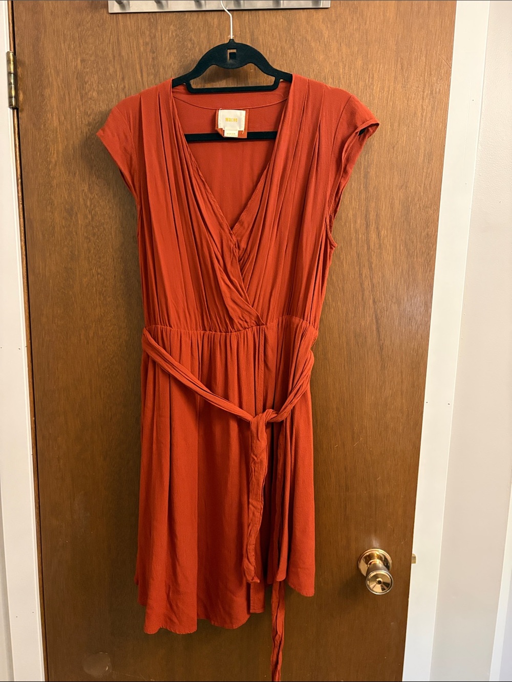 Maeve Burnt Orange Midi Wrap Dress with Tie Waist